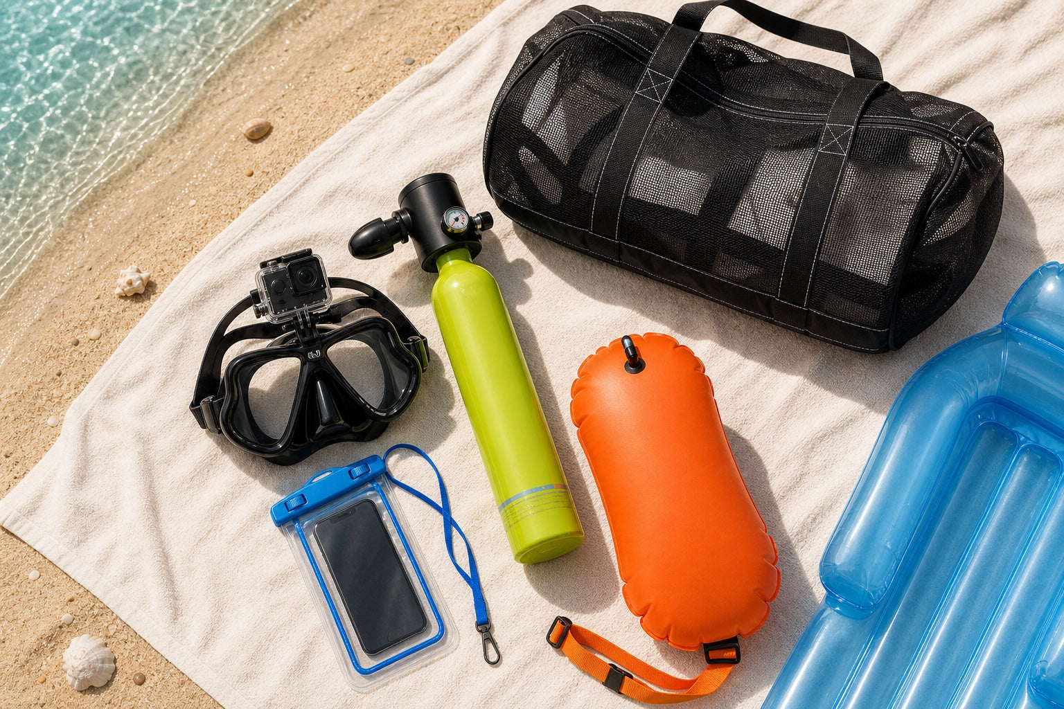 Kit completo de productos NAUTIVA sobre una toalla de playa