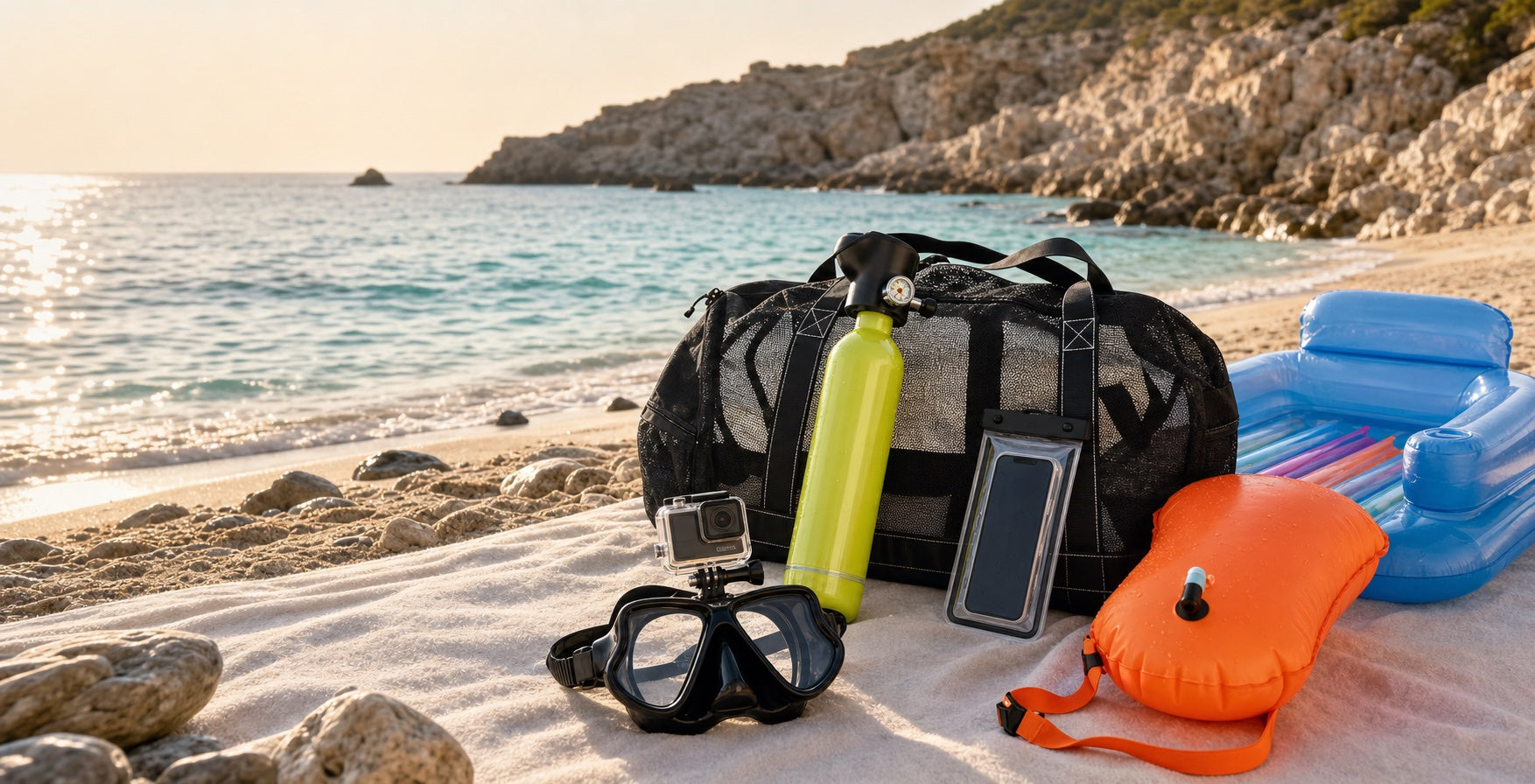 Kit de productos NAUTIVA preparado en una cala mediterránea